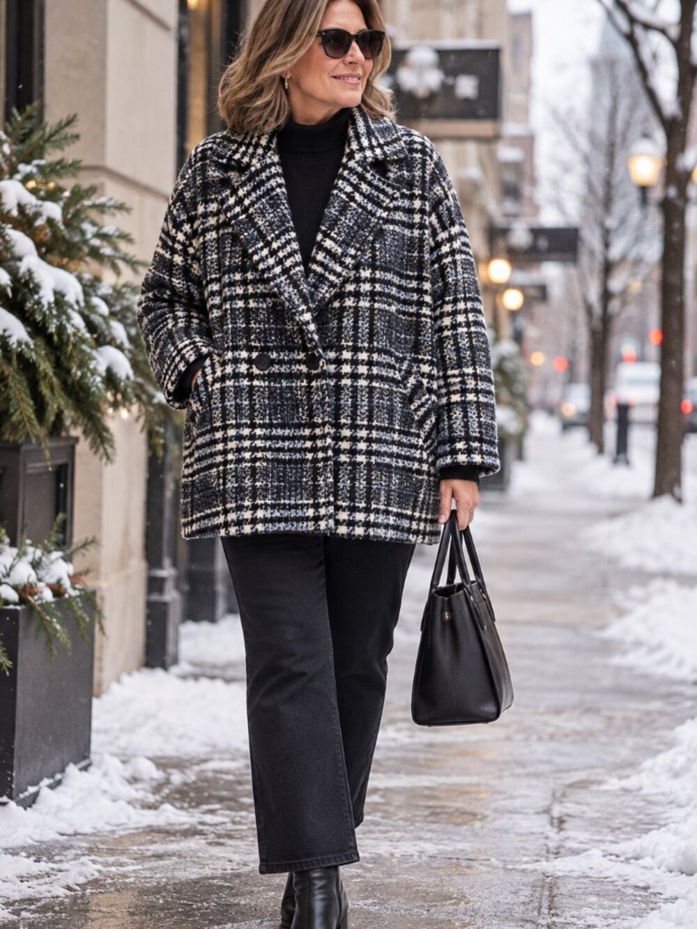 Sam Edelman XXL Plaid Wool Blend Double Breasted Coat Black Cream